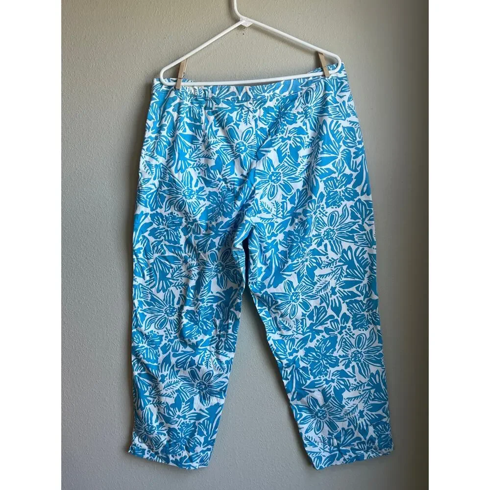 Talbots Chatham Sky Blue Floral Palm Stretch Ankle Pants Size 16 XL